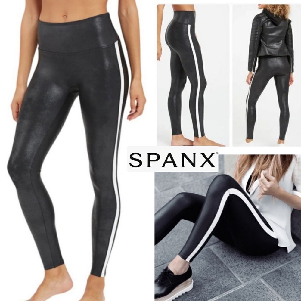 Spanx Faux Leather Side Stripe High Rise Black Leggings